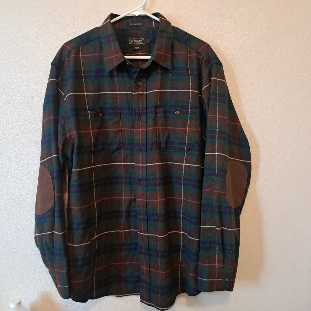 Pendleton Hawthorne Plaid Flannel Shirt Mens XL Elbow Patch Green Brown Cotton